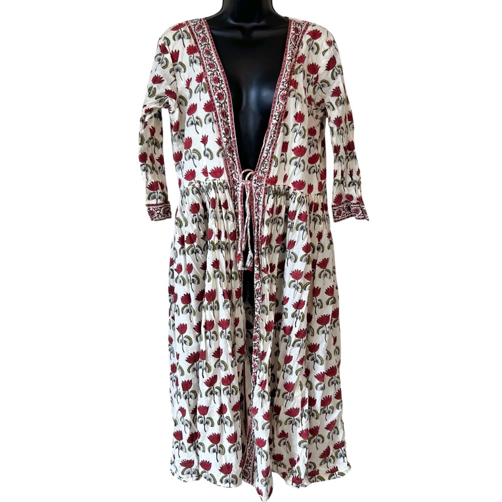 Red Lotus Print Kurti Jacket Dress by Rivaaj